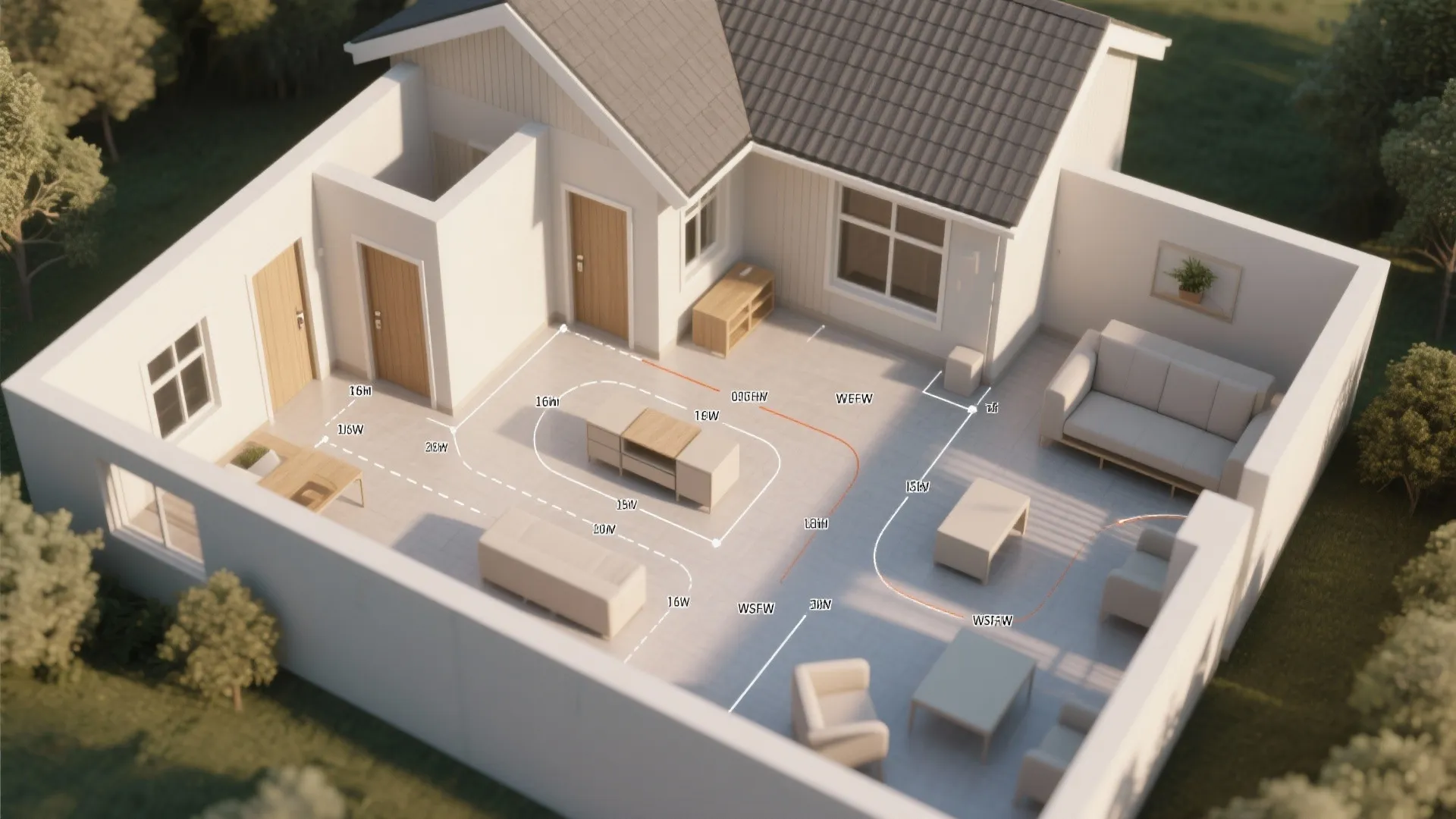 Interior design drawing showing a house layout with furniture and white lines for room planning