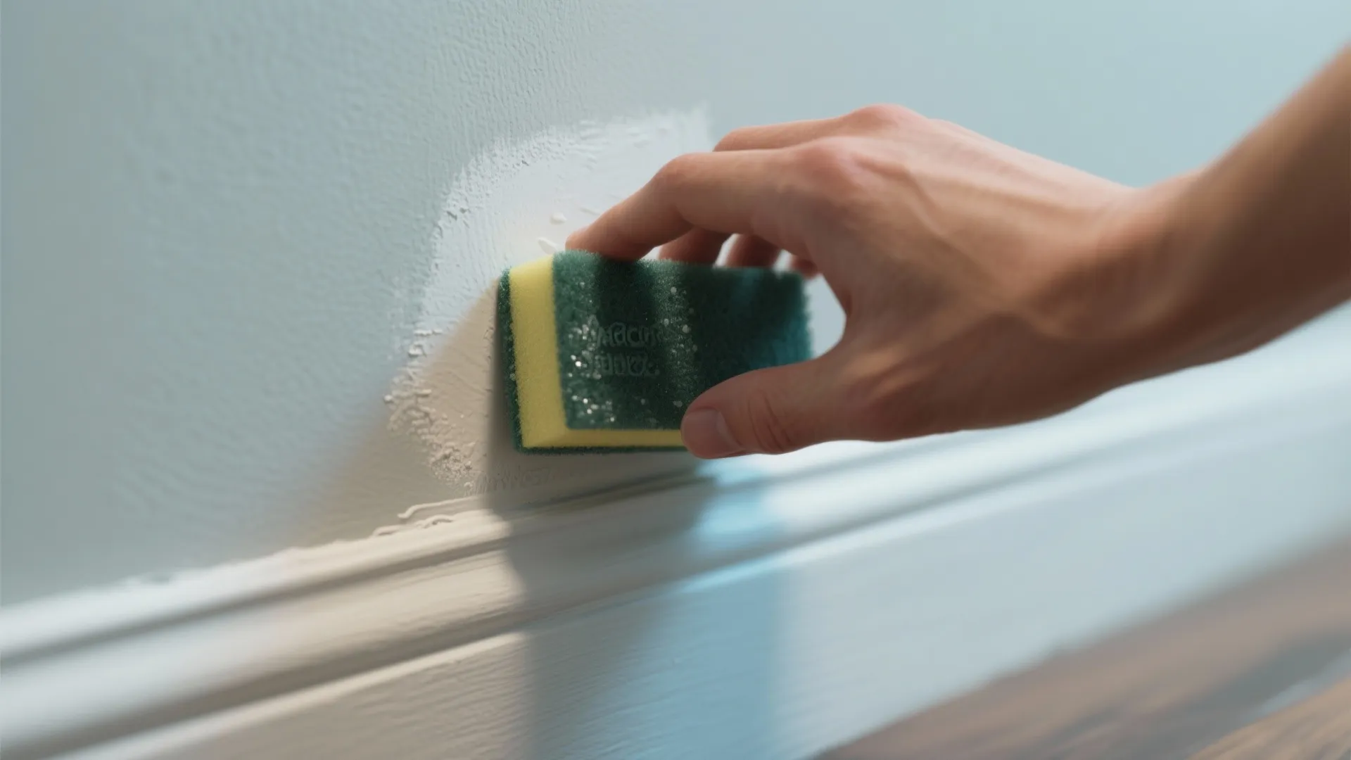 Close up of a hand using a green sponge to clean white marks from wall