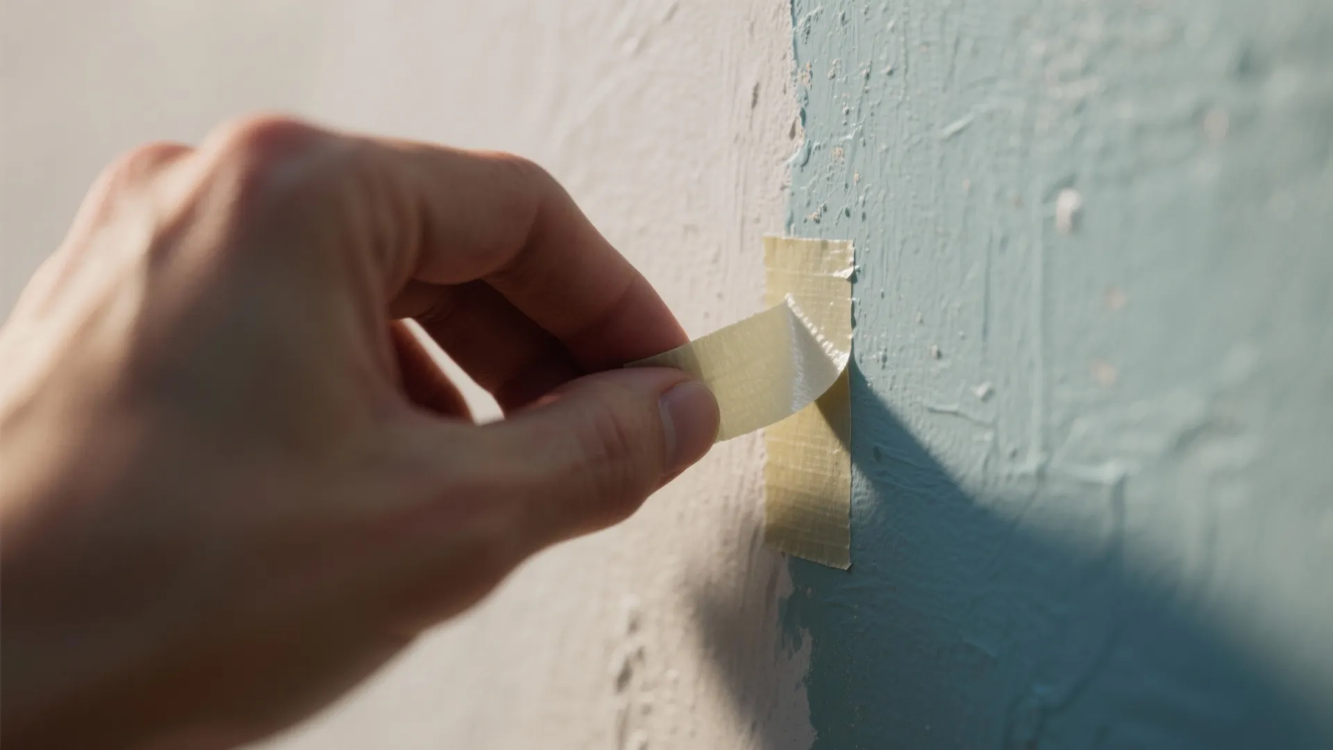 Person's hand removing a small piece of masking tape from white and blue painted wall