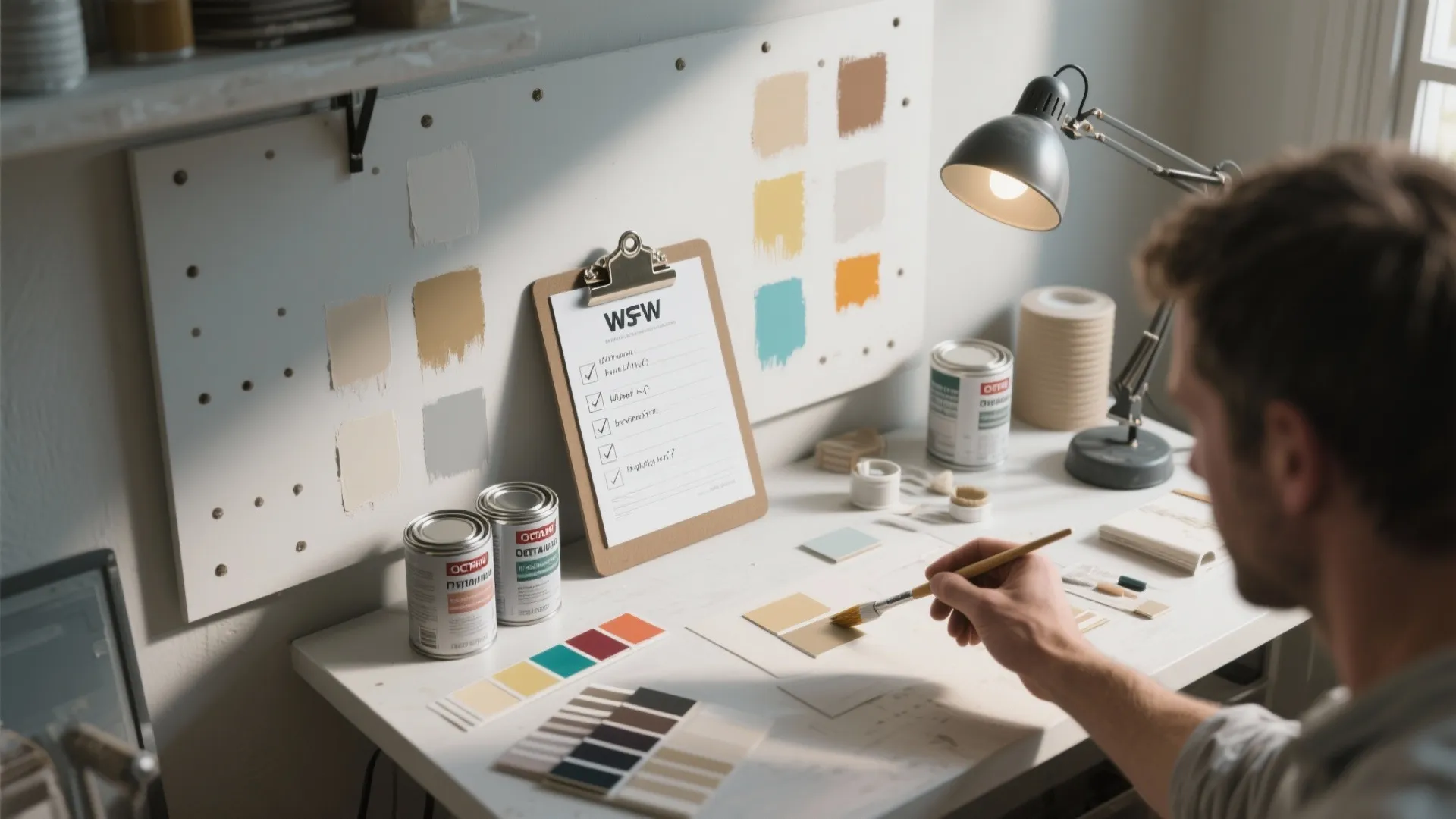 Person painting color samples on paper at desk with lamp and two white paint cans