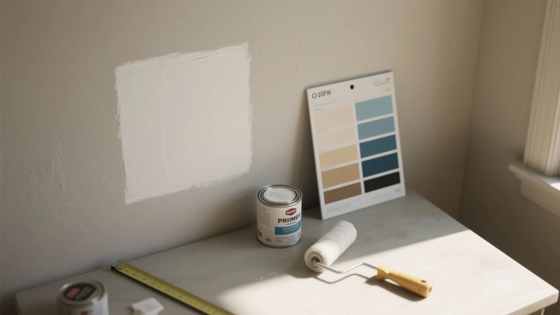 Small square paint test on a wall with paint roller and color palette on table