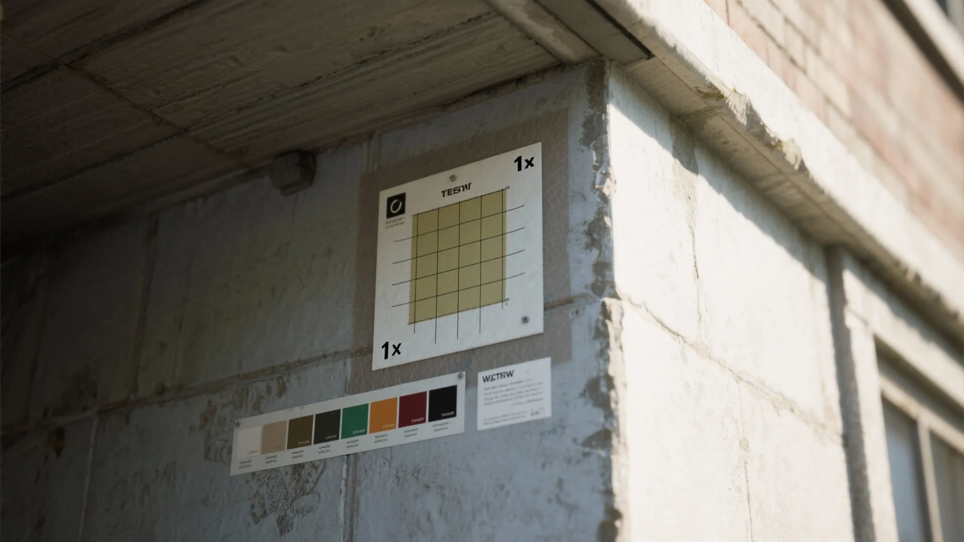 Color test patches on an exterior wall showing different paint samples for a home renovation