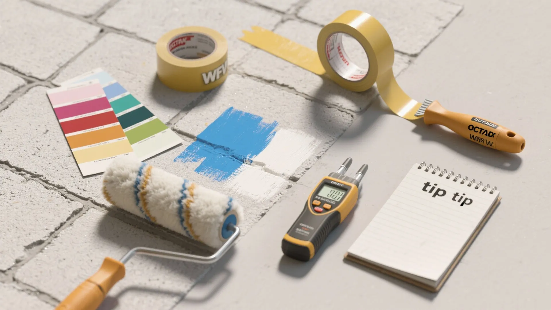 Home renovation tools featuring paint roller, color swatches, masking tape, and notebook on brick floor