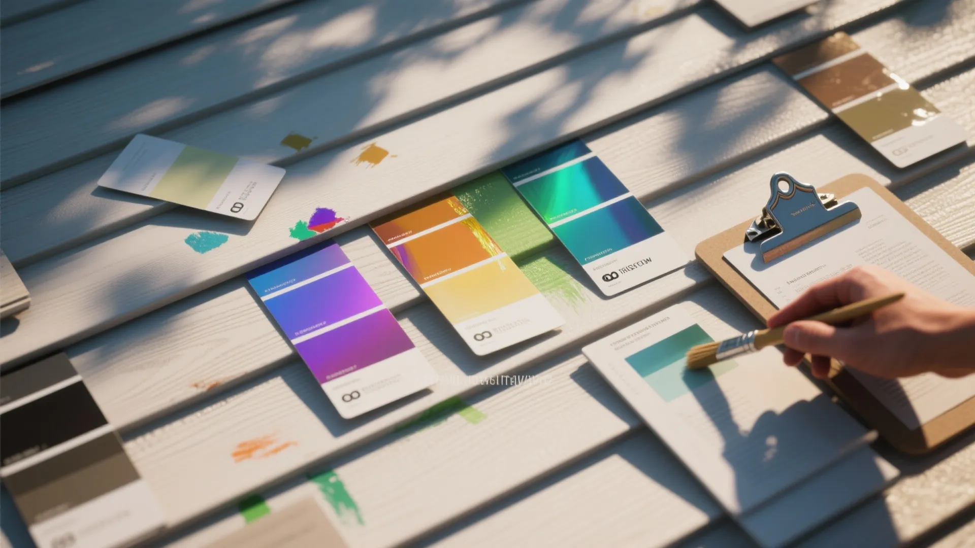 Hand holding paint brush choosing colors from cards on white wood deck with sunlight shadows