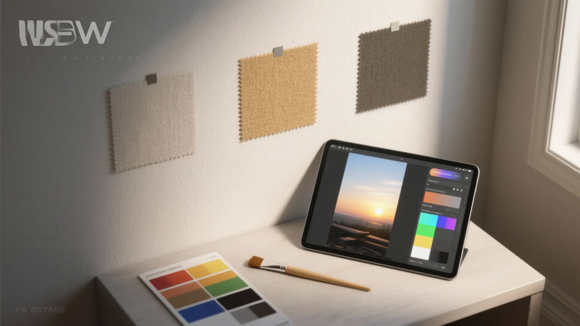 Top-down view of wall test patches and a tablet displaying a digital mockup for color testing.