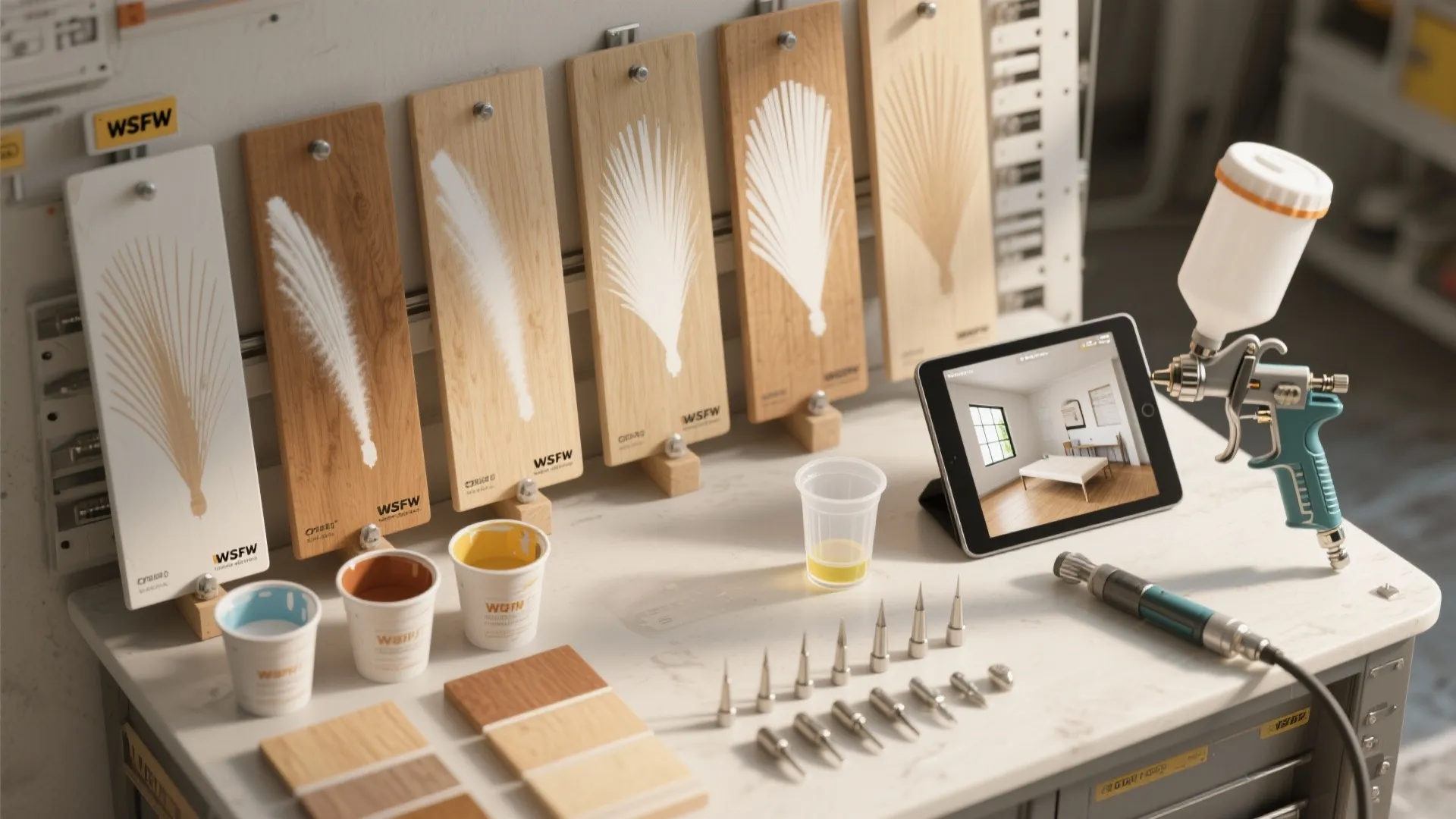 Table showing paint spray patterns on wood boards with cups of paint and a digital tablet