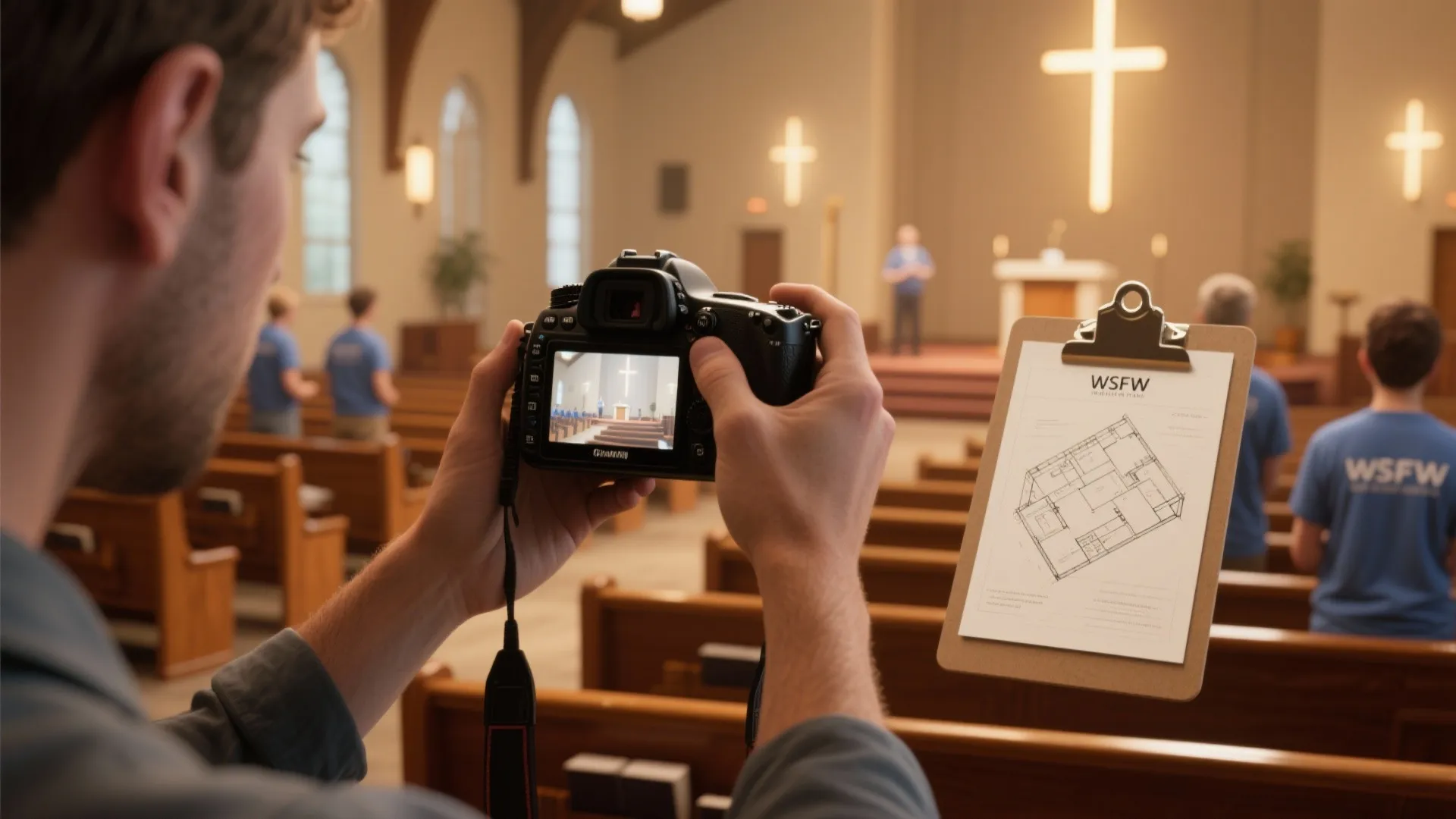 Photographer documenting chapel lighting during service to test sightlines and glare.