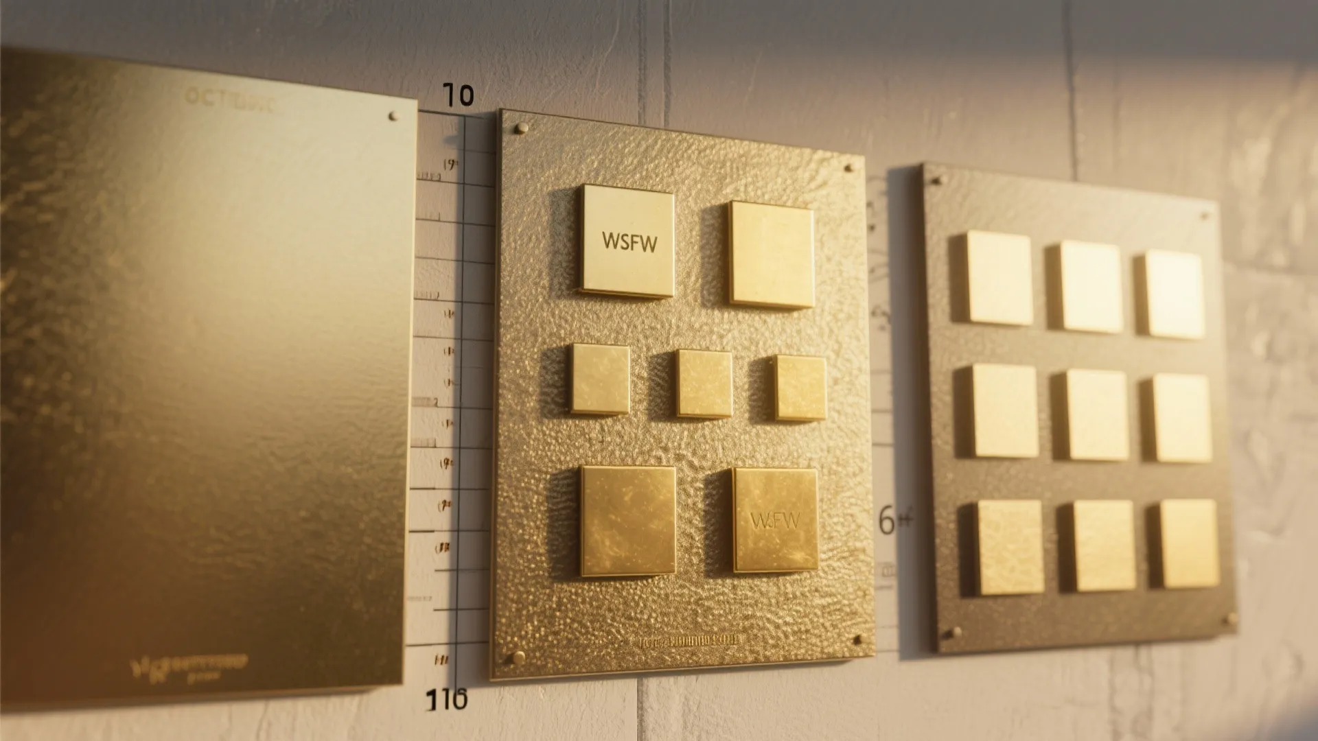 Gold material sample boards on a wall showing various square metallic finishes and small labeled squares