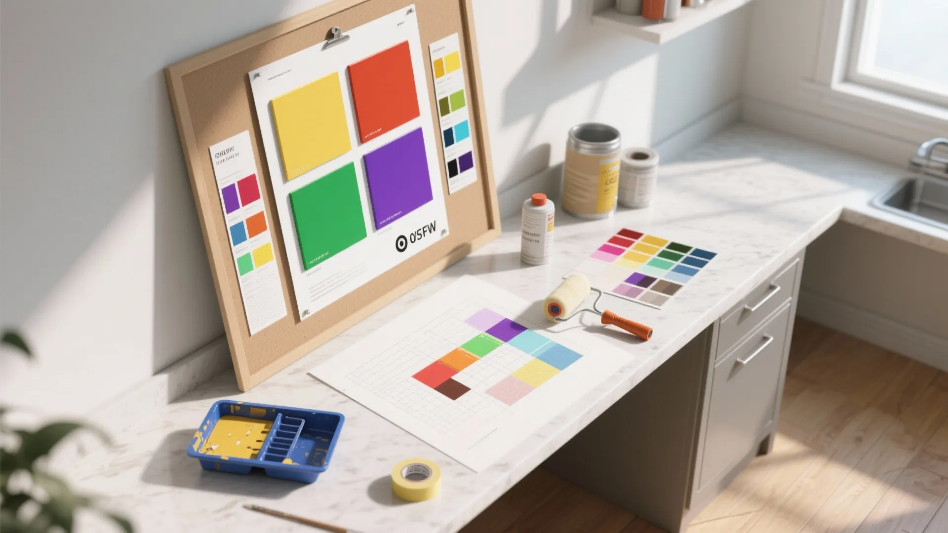 Top-down view of a poster board with 2x2 paint test samples, swatches, and painting tools.