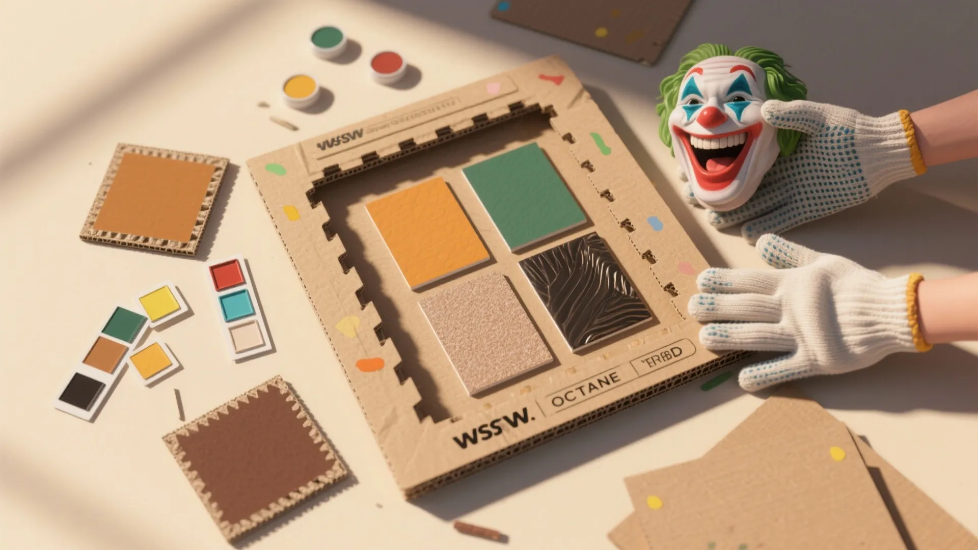 Interior design material board with color samples and person holding a small clown mask head
