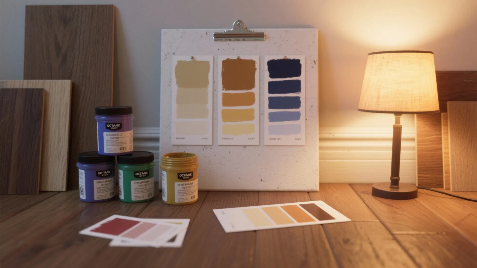 Flatlay of paint sample pots, swatch cards and test strips next to wood floor samples showing color differences under varied lighting.