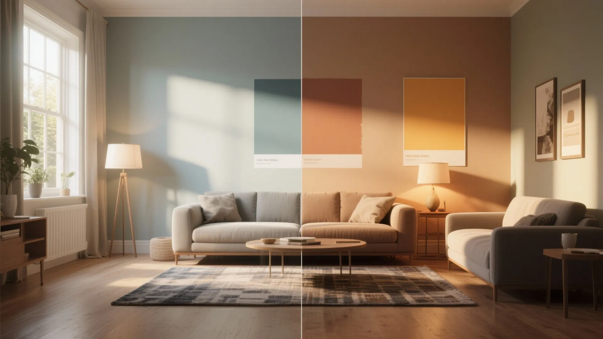 Living room shown at morning, midday, and evening to compare how a paint sample reads under different light.