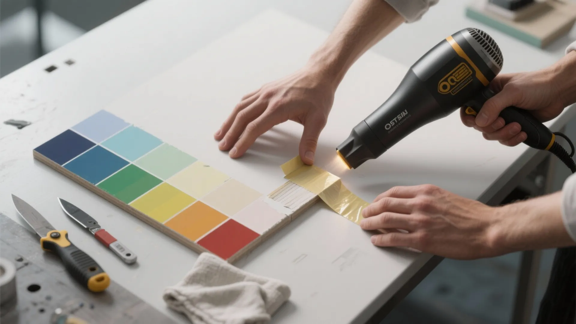 Person using a heat gun to apply yellow tape on a colorful wood material board