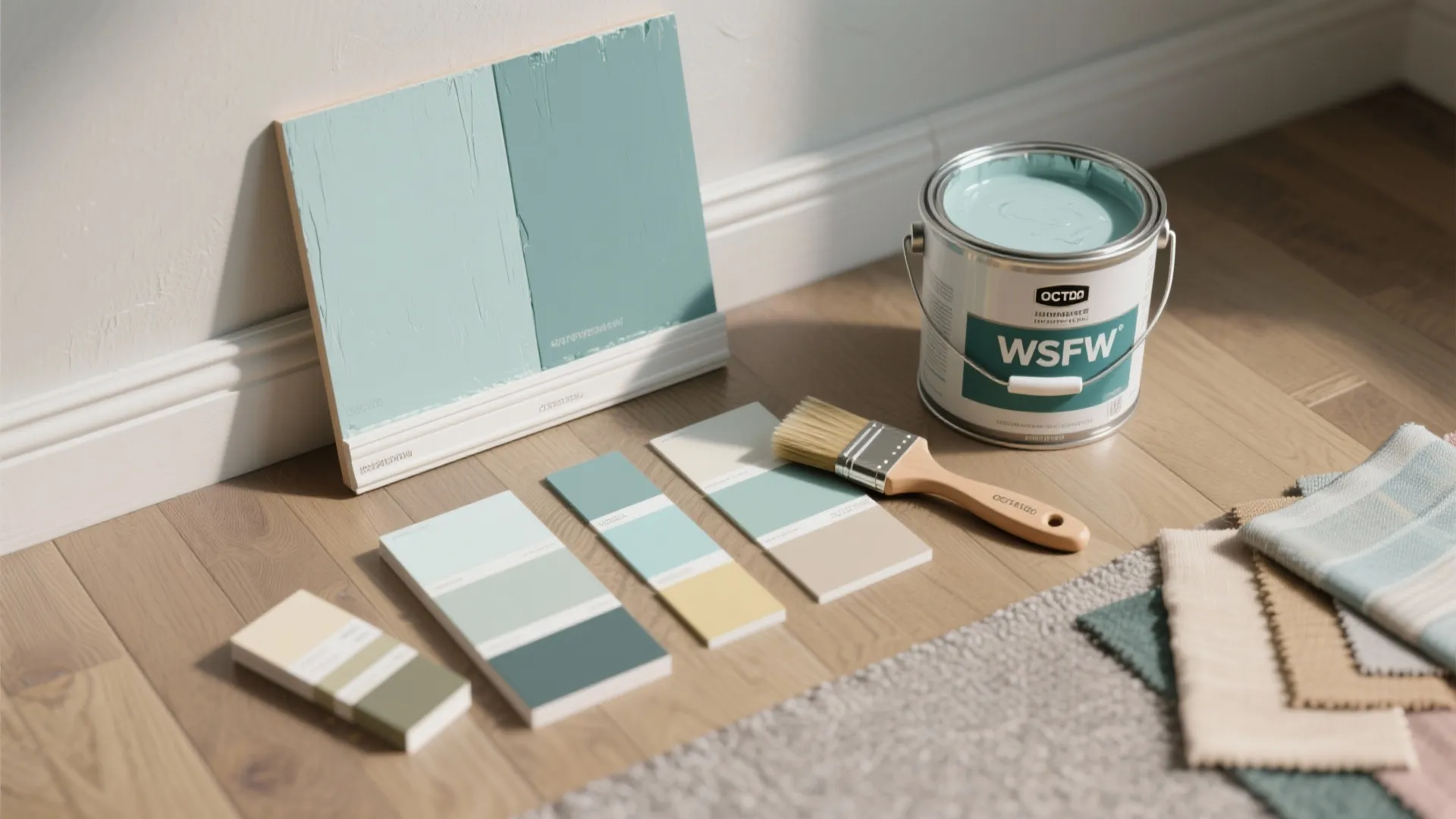 Paint bucket with brush color swatches and fabric samples on wooden floor against white wall