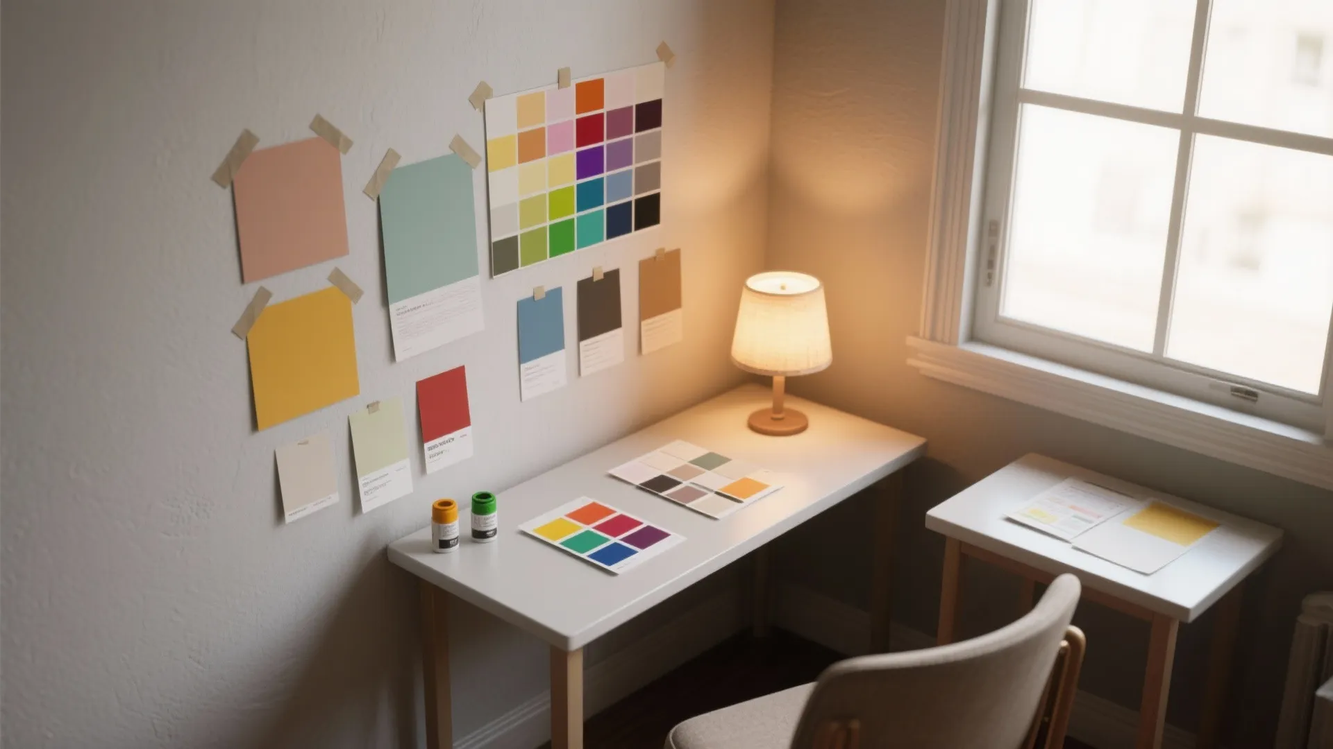 Paint swatches and small tester patches on walls shown under different lighting to compare colors.