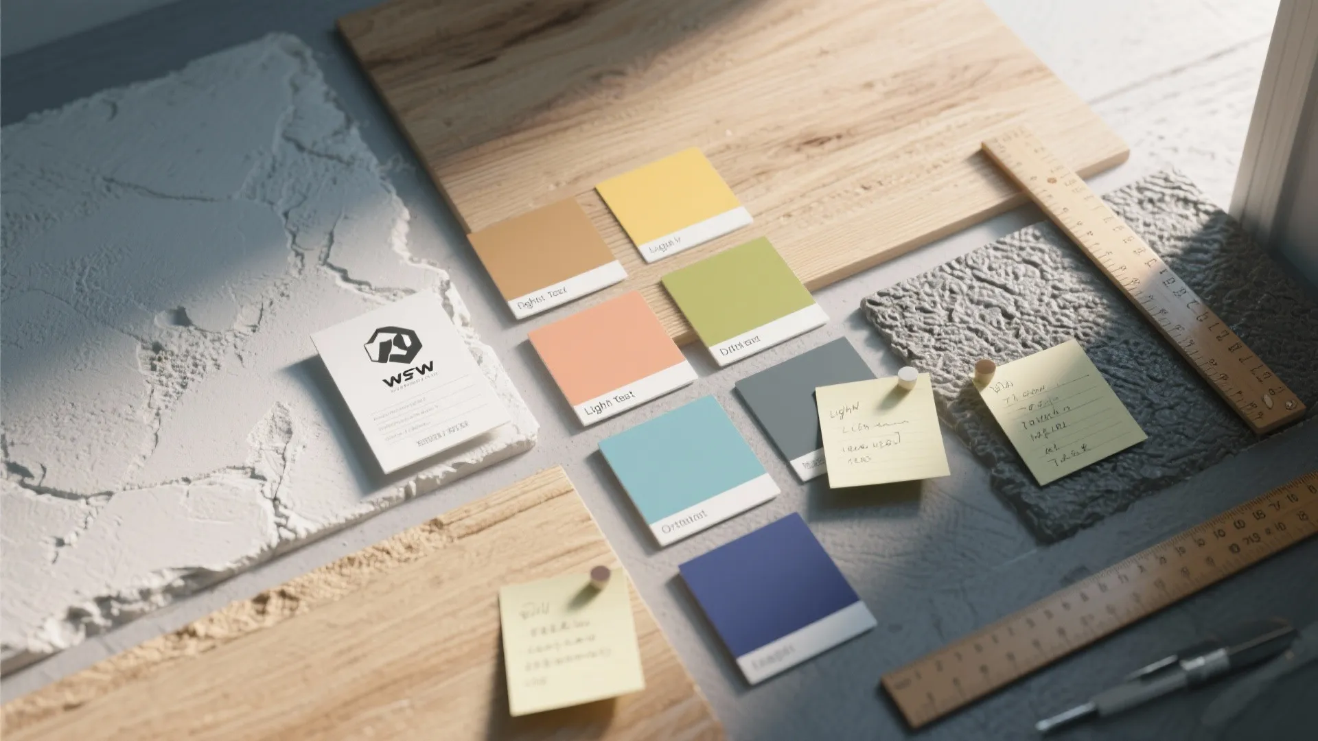 Top-down test swatches painted on stucco, wood, and drywall with notes and labels for real-material color testing.