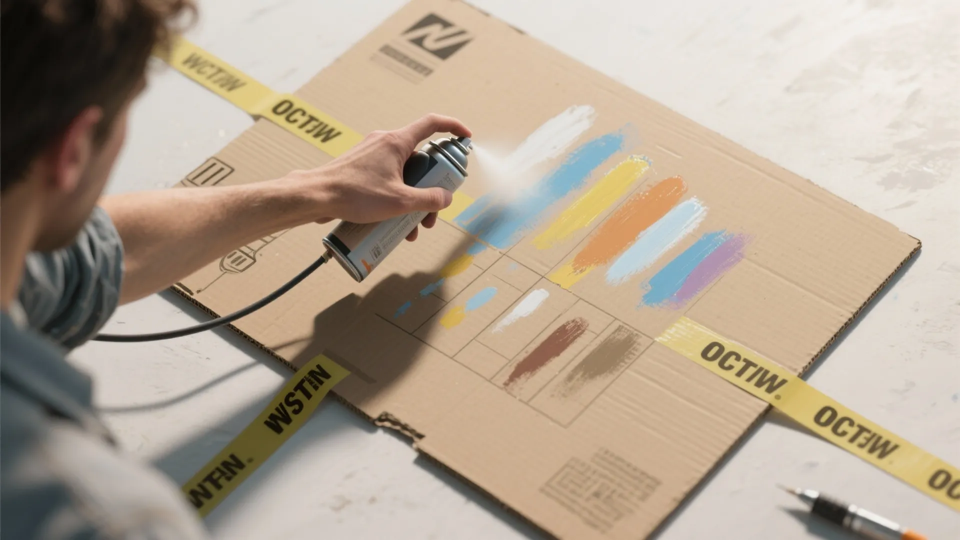 Top-down view of a painter testing spray patterns on cardboard, showing consistent passes and patterns.