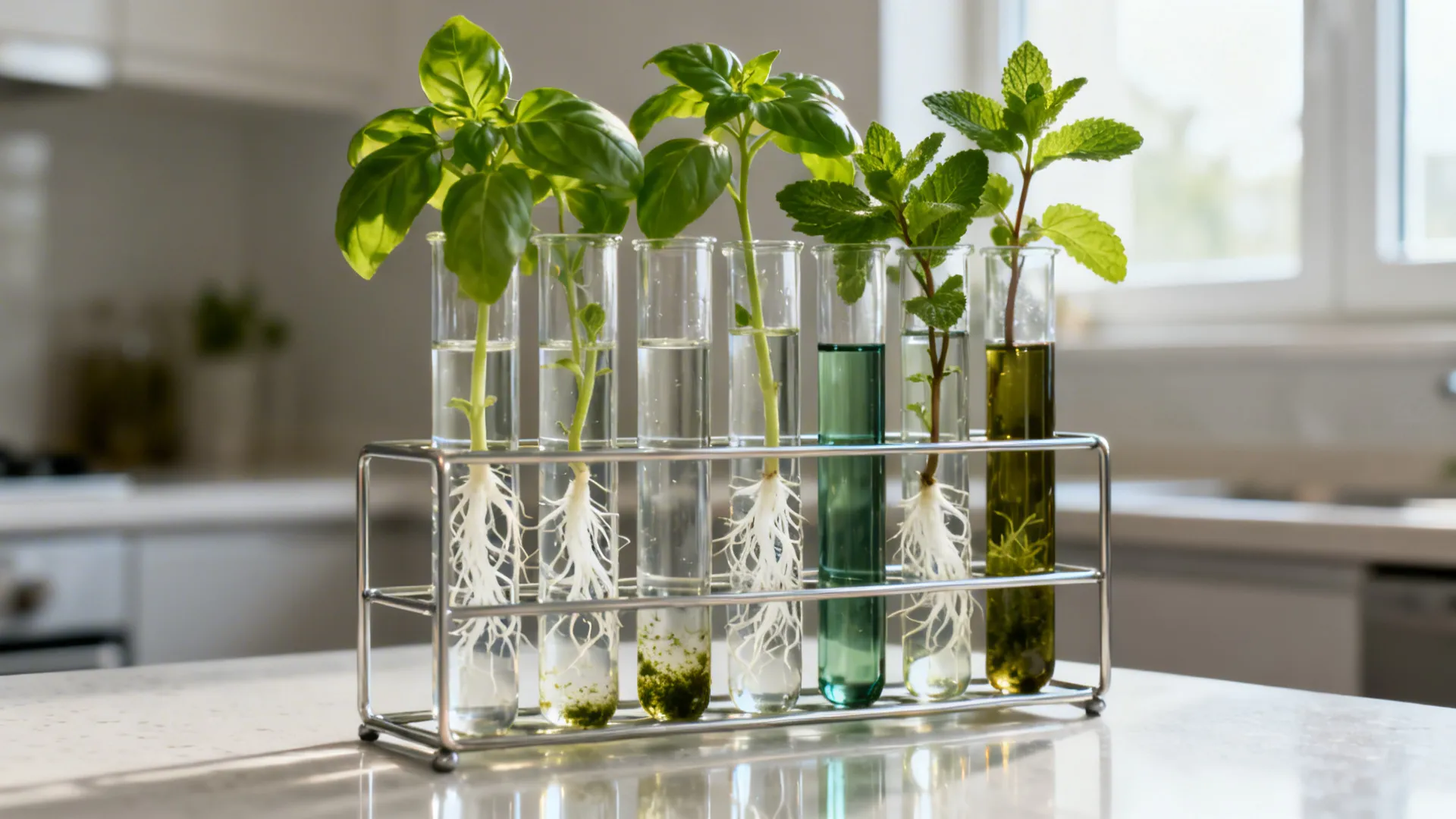 Staggered test-tube vases display basil and mint cuttings rooting in clear water.