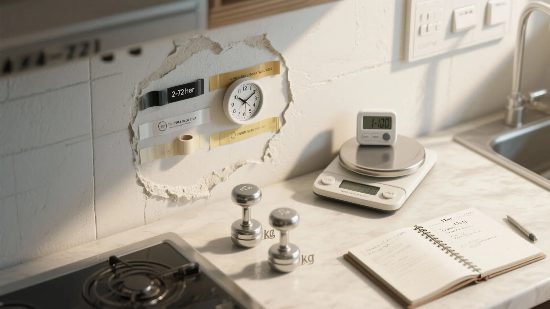 Kitchen counter featuring digital scale, small weights, open notebook, and clock taped to the wall