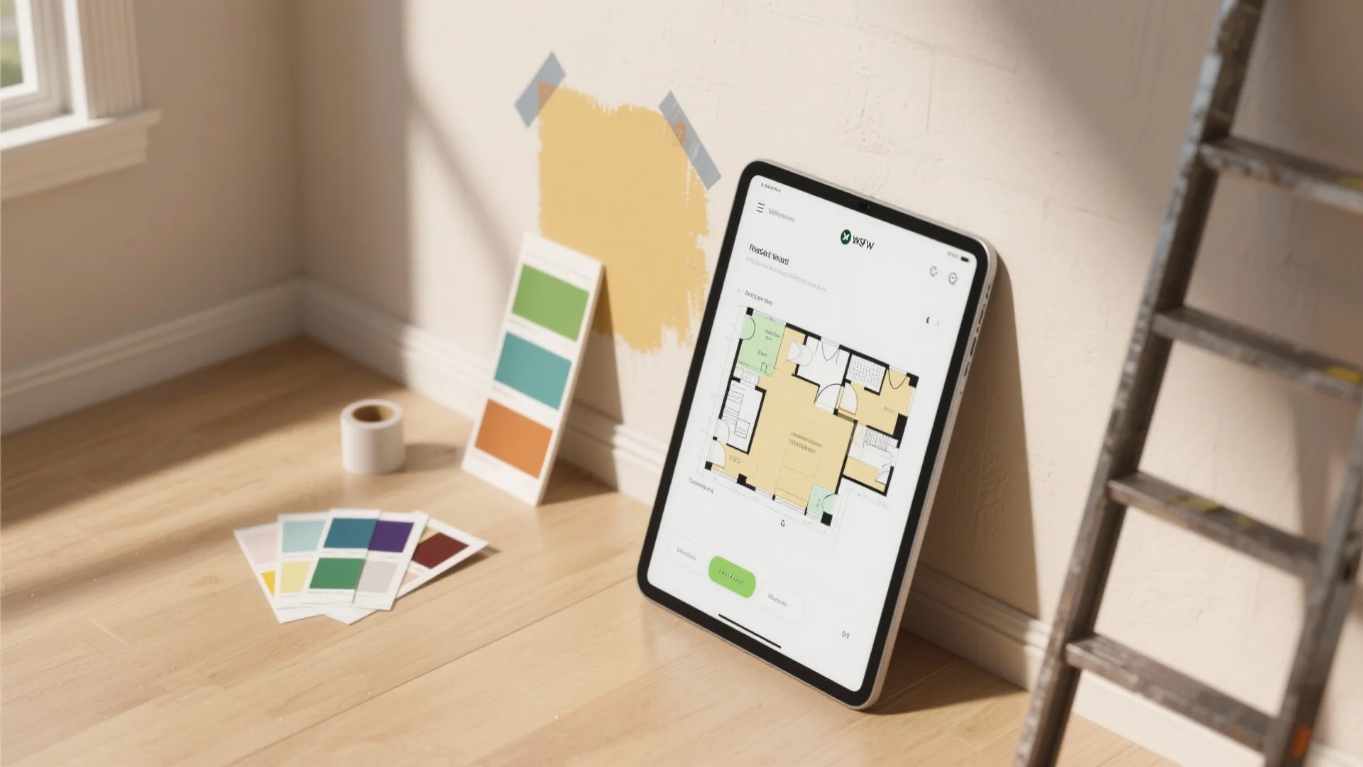 Tablet displaying a floor plan layout on wooden floor with paint color swatches and ladder
