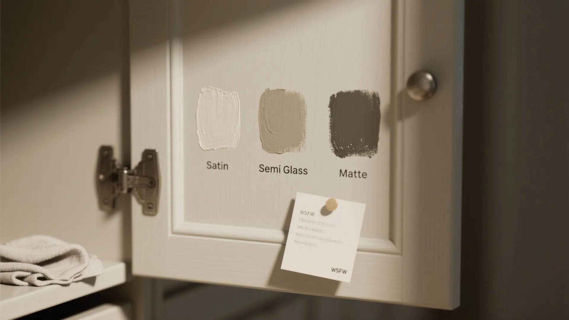 Cabinet door tester patch showing satin, semi-gloss and matte swatches for finish comparison