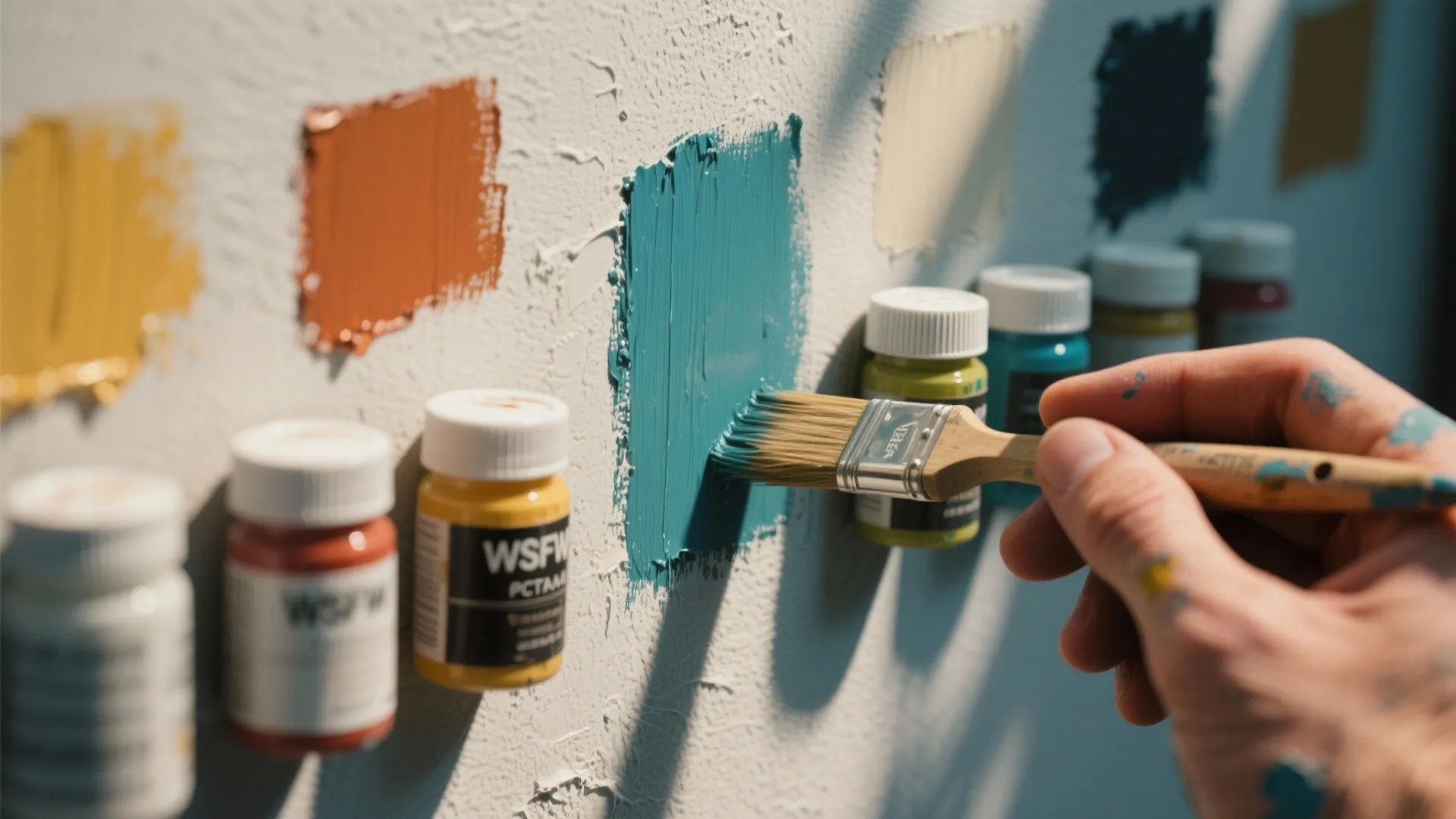 Hand using a brush to apply blue paint samples on wall next to small bottles