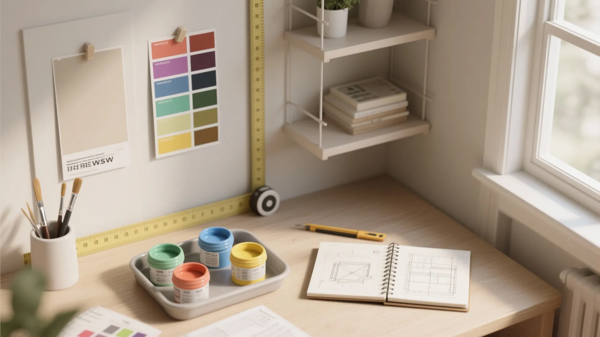 Interior design drawing desk with paint small bottles color samples brushes ruler and a notebook