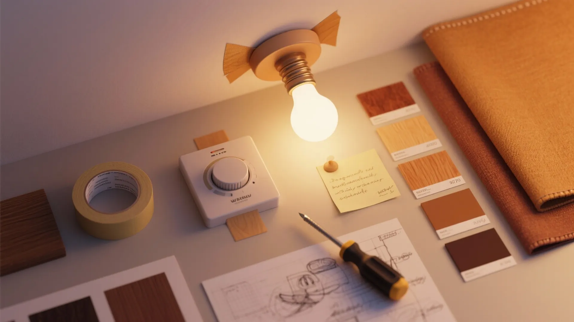 Flatlay of test bulbs taped mockup, dimmer and material swatches for warm lighting planning