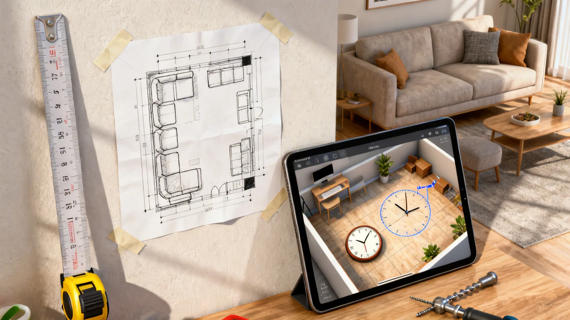 Paper clock template taped to a wall with measuring tools and a tablet showing a 3D floor planner to test placement.