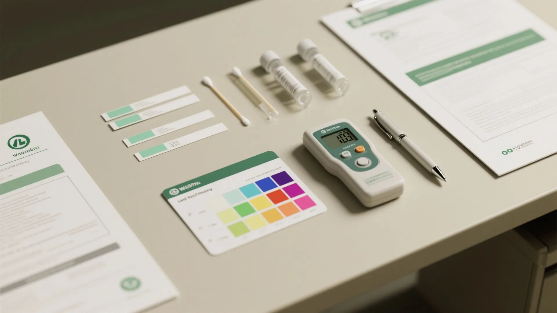 Top-down flatlay of lead test kit items, lab paperwork, swabs, and a results card on a neutral table.