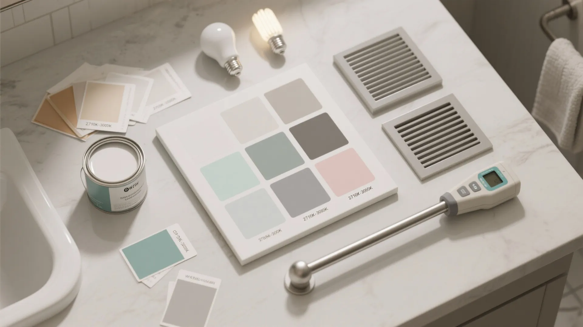 Bathroom design materials including color paint swatches light bulbs metal hardware and a digital measuring tool