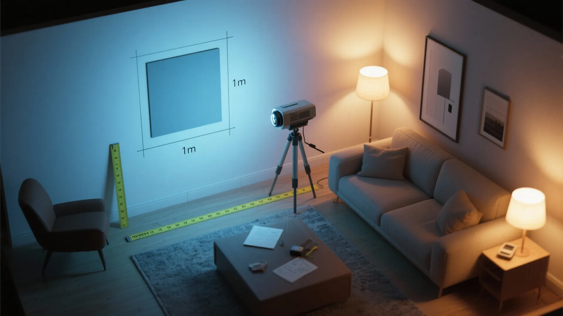 Interior design drawing with projector showing wall measurements beside a grey sofa and floor lamp