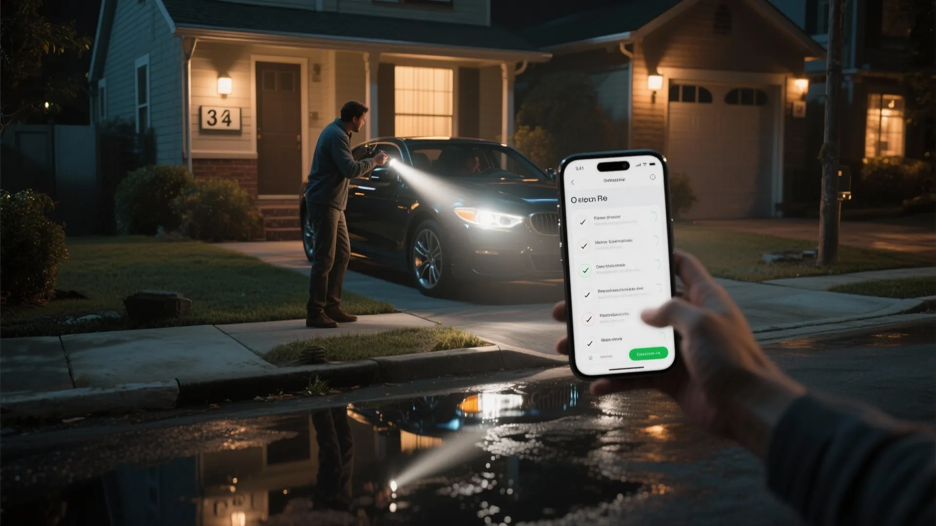Homeowner testing reflective house numbers at night with a flashlight and a phone camera from the curb to verify visibility.