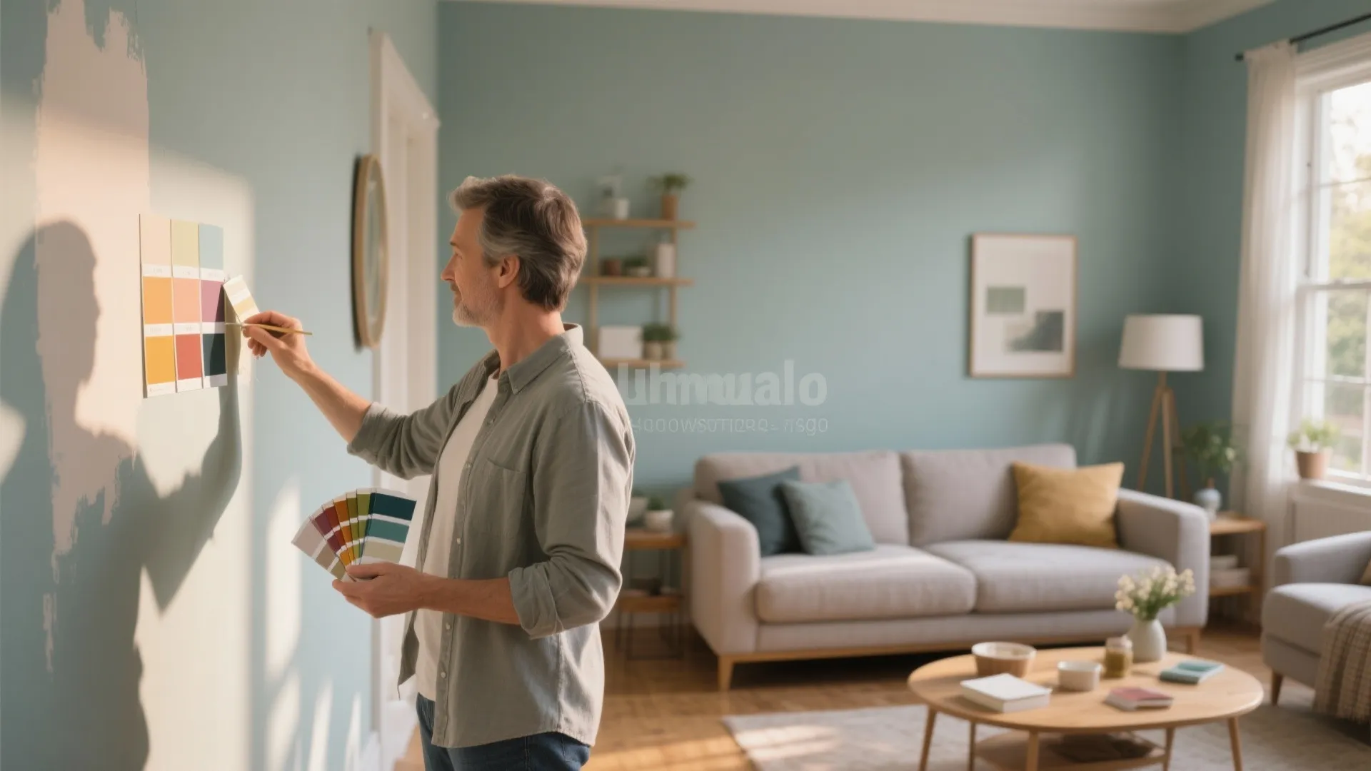 A man holding a color palette and comparing paint samples on a light blue wall