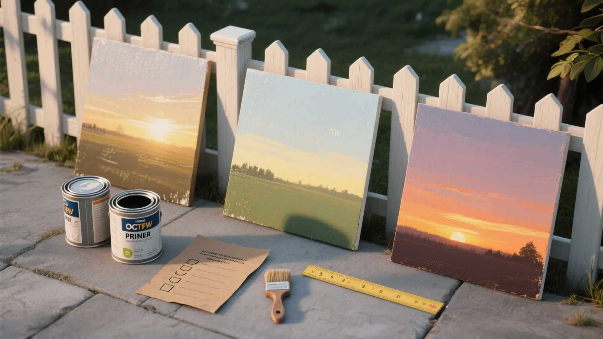 Outdoor display of three painted landscape panels with paint cans brush ruler and a checklist sheet