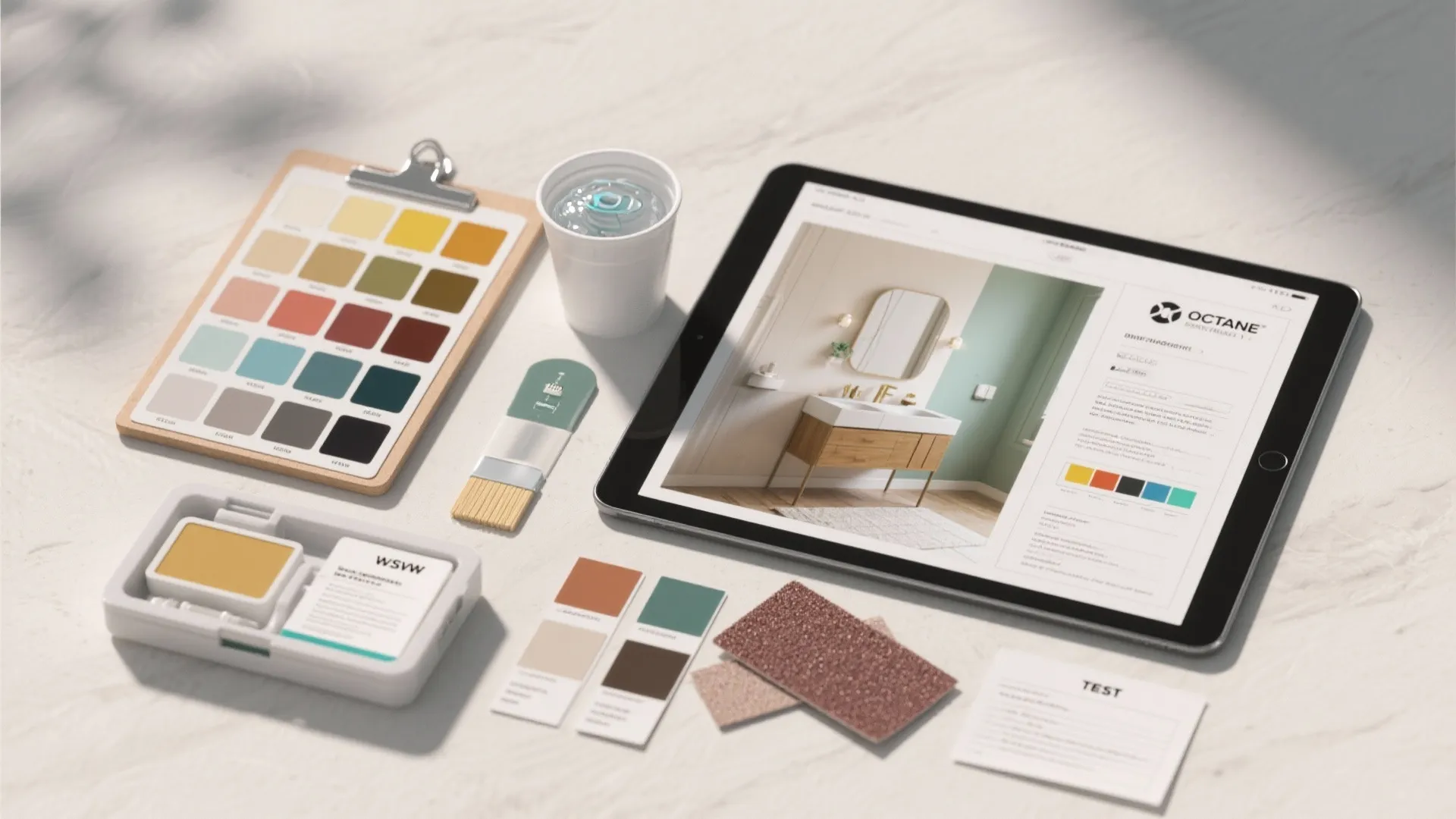 Interior design planning tools featuring a digital tablet, color palette swatches, paint brushes, and materials