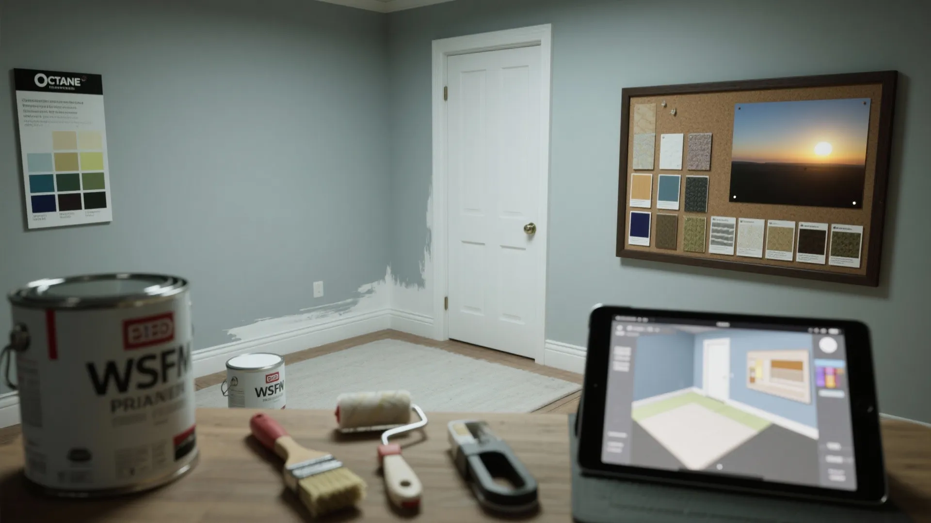 Room painting tools with paint cans and tablet showing an interior design drawing and color samples