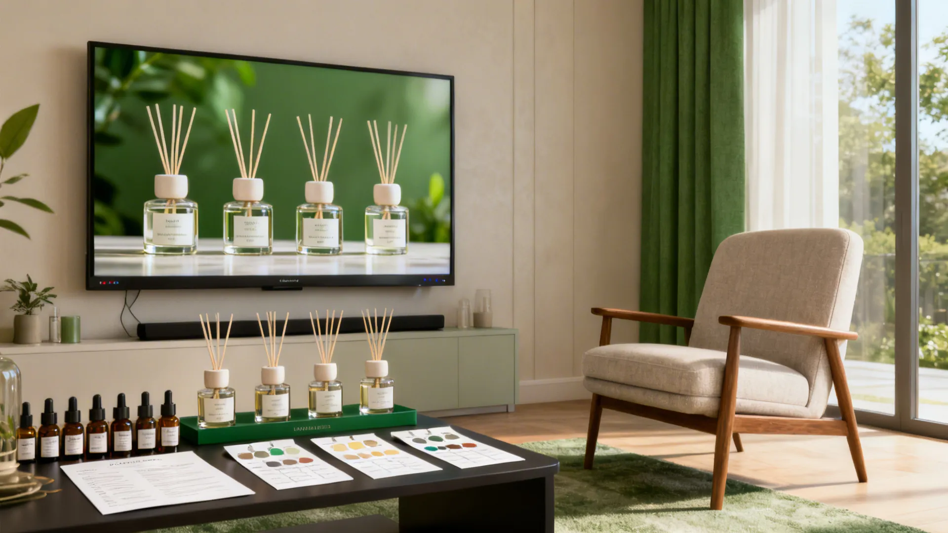 Modern living room with armchair and coffee table holding reed diffusers before a large television