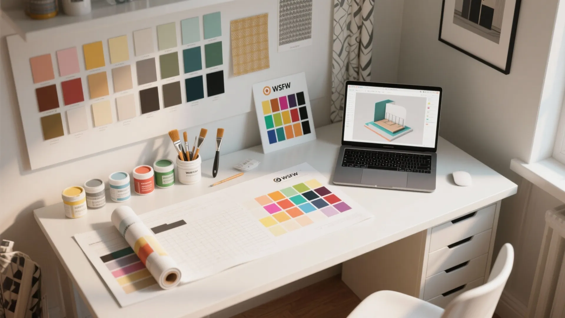 Top-down desk scene with large paint swatches, sample pots, removable wallpaper and a laptop showing a room mockup.