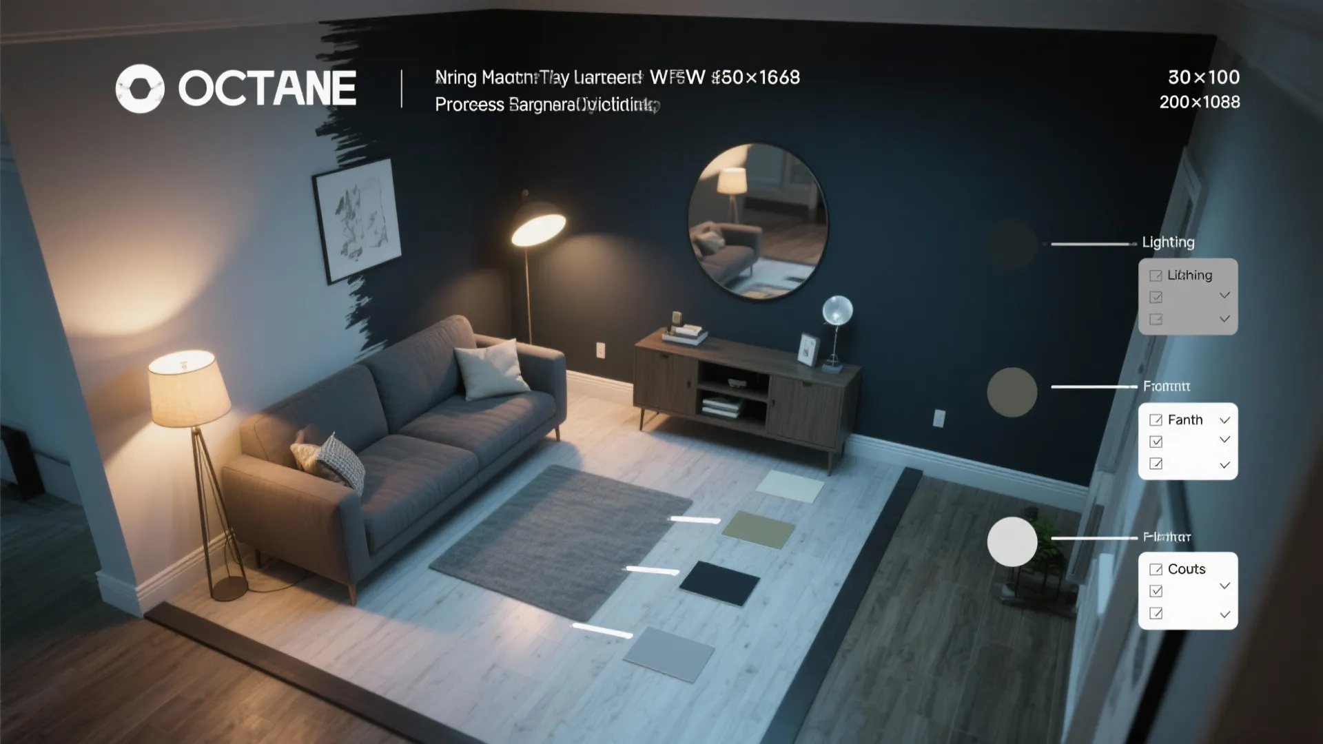 Interior design software interface showing top down view of living room with dark blue wall