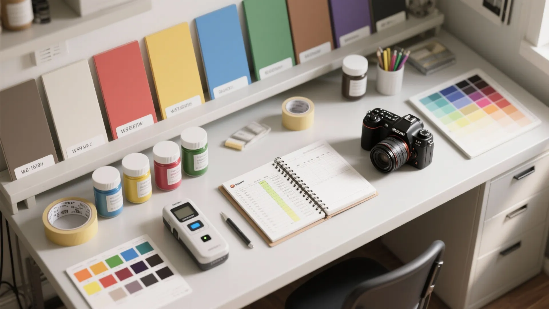 Designer desk with color samples notebook camera paint jars and color palette for interior planning