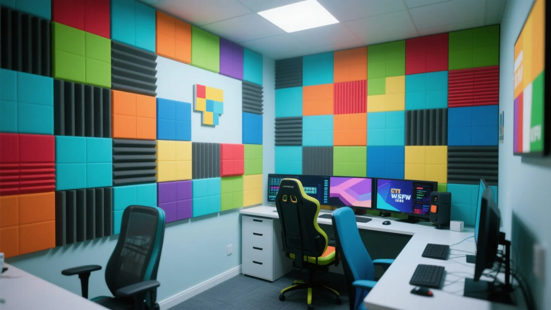 Modern gaming room featuring colorful square wall panels with multiple monitors and a yellow chair