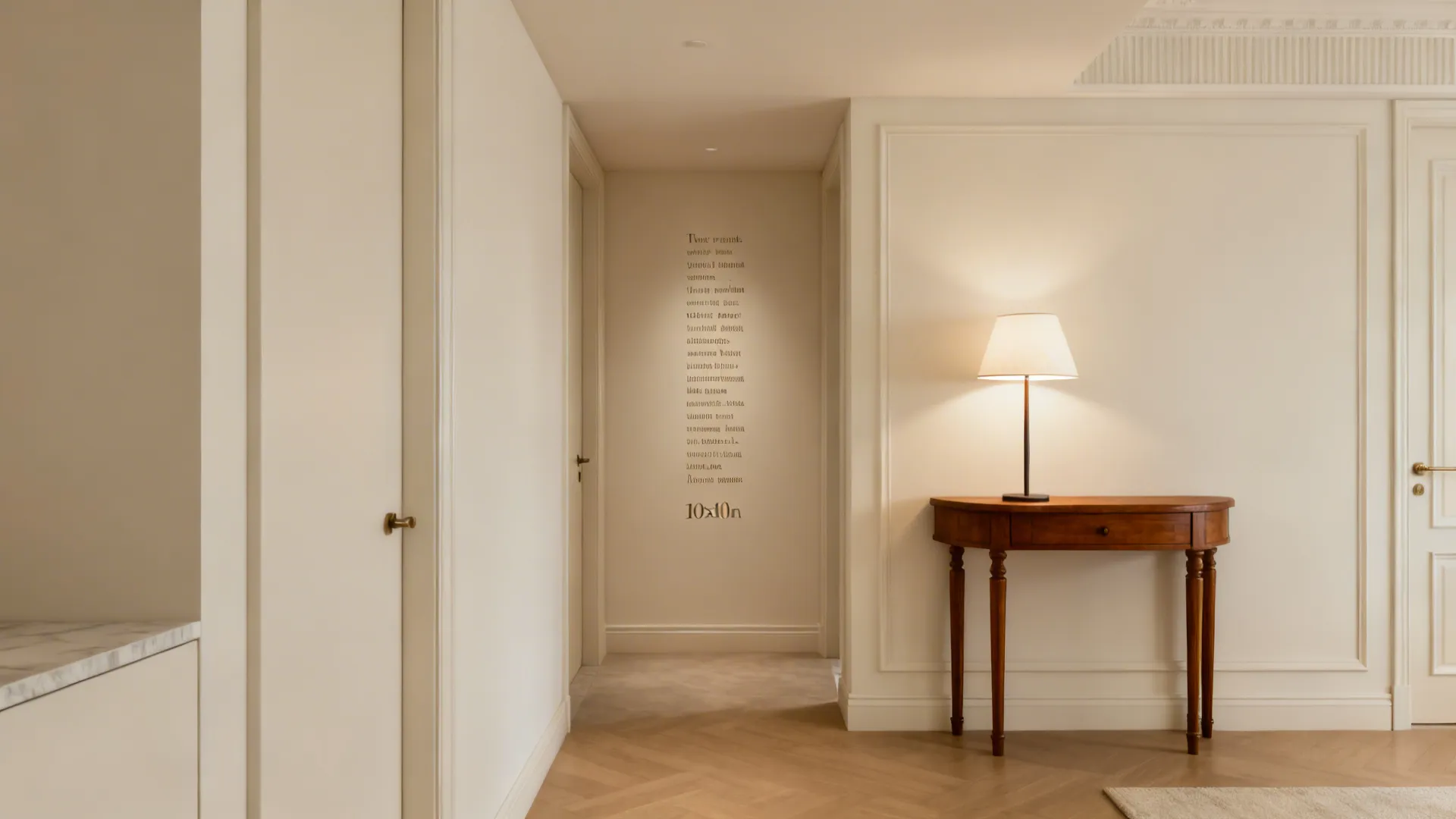Slim serif text decal in matte finish near the entry wall adds a subtle focal point in a small living room.
