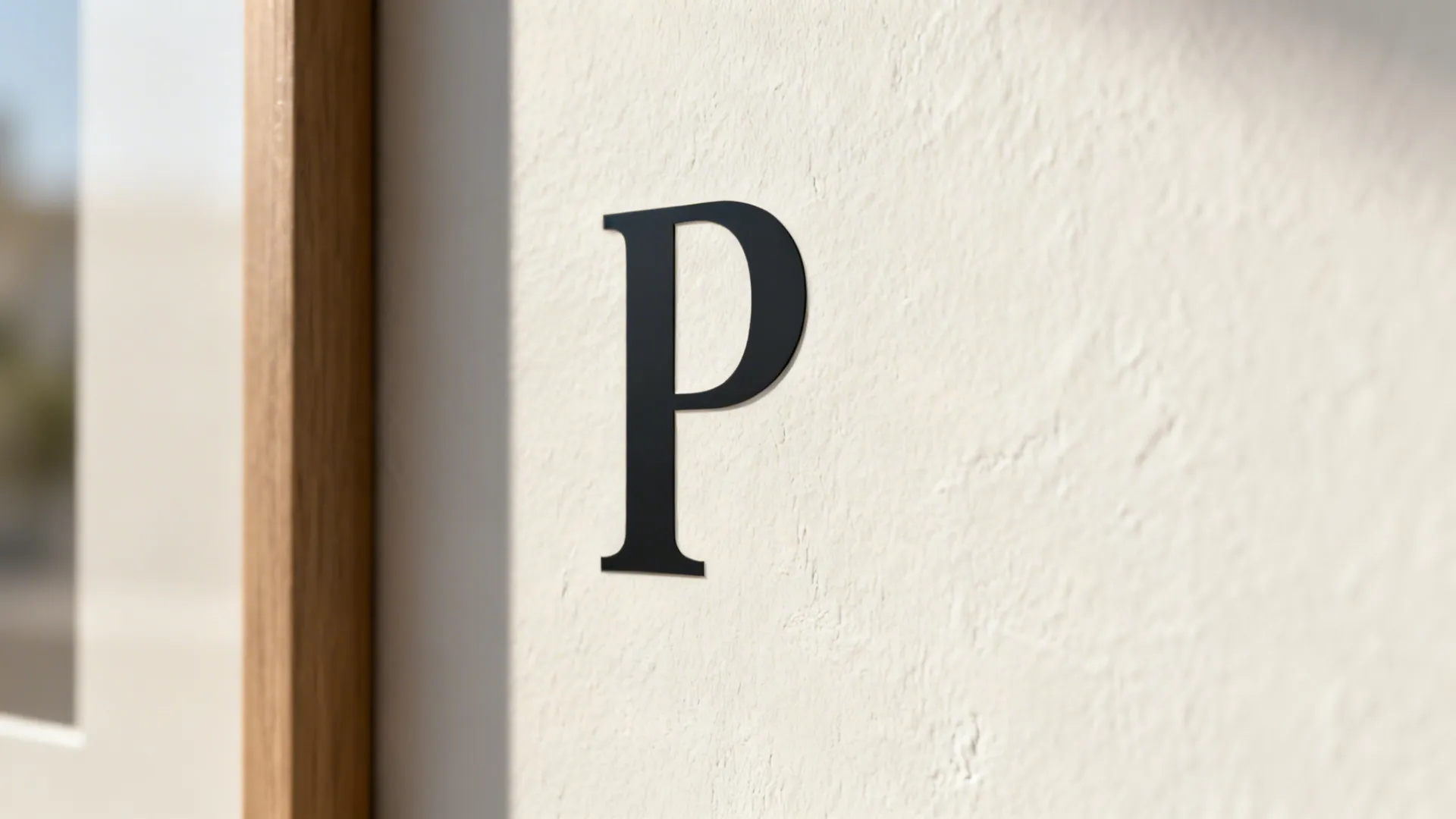 Macro of a matte serif decal on an off-white wall showing crisp edges without glare.