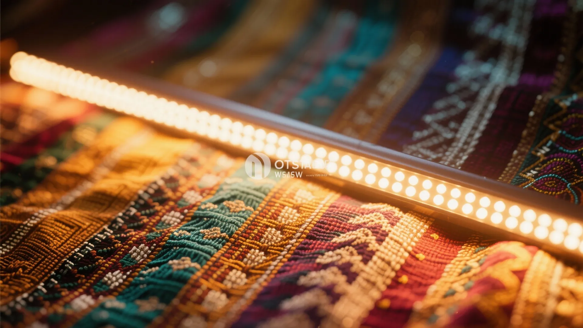 Warm LED light strip shining on colorful woven fabric with detailed patterns and soft decorative textures