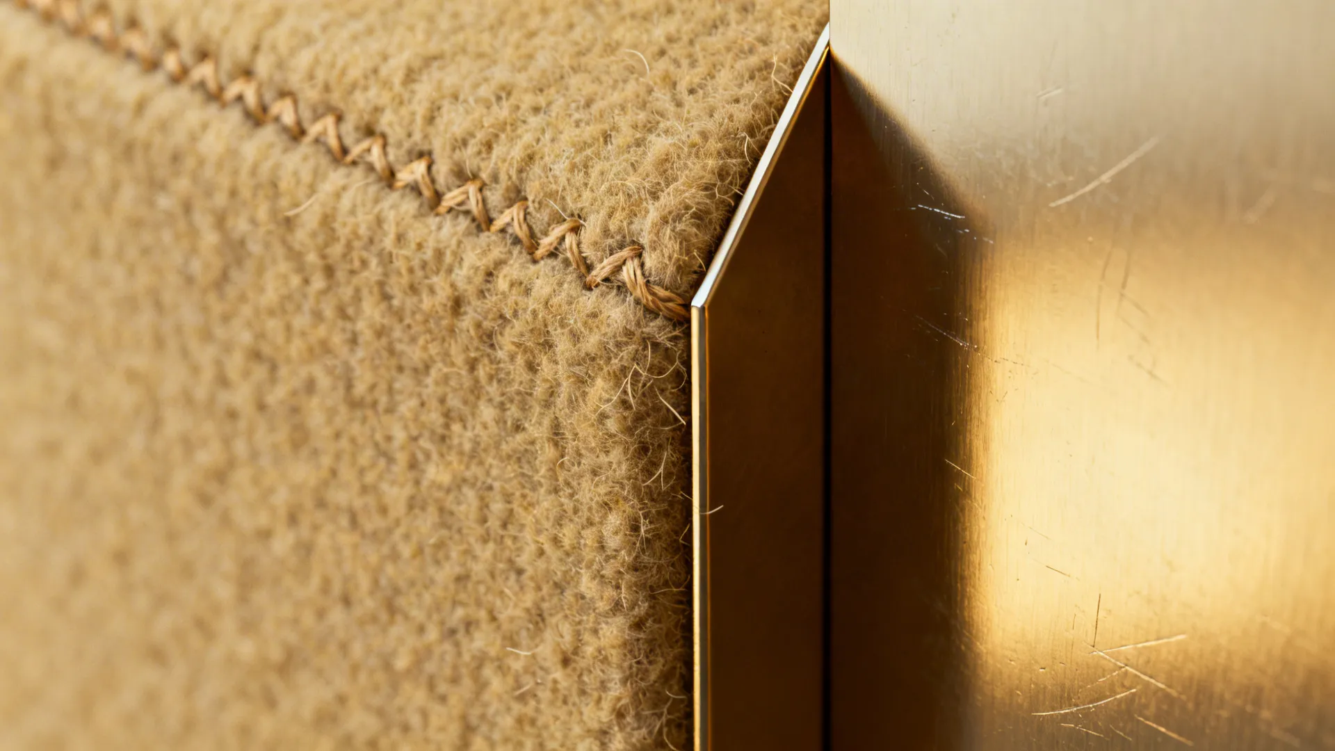 Macro detail of a textile acoustic panel beside a metal wall sculpture showing texture and contrast.