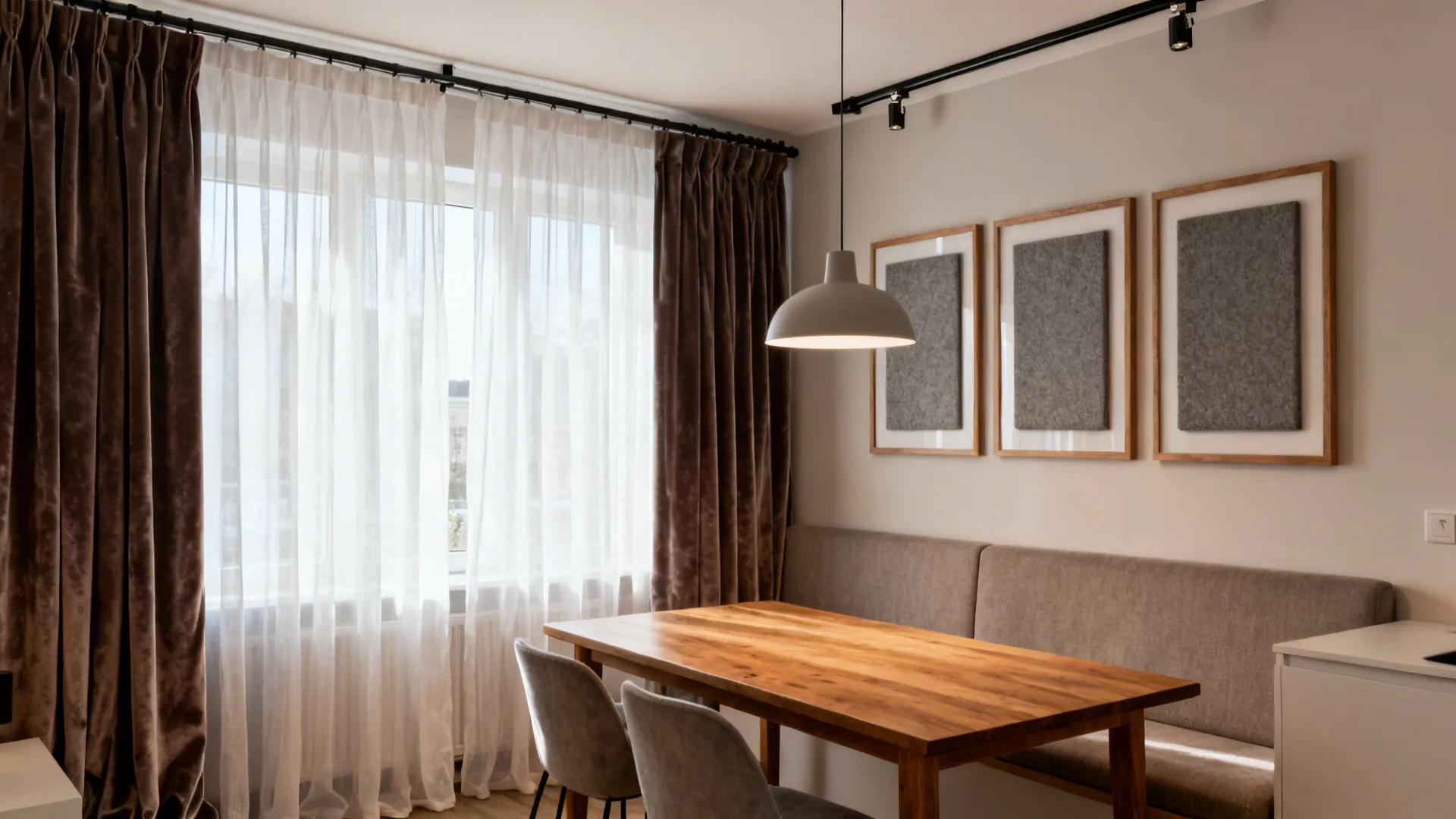 Layered sheer and velvet curtains on a ceiling track with acoustic art panels above a dining banquette.