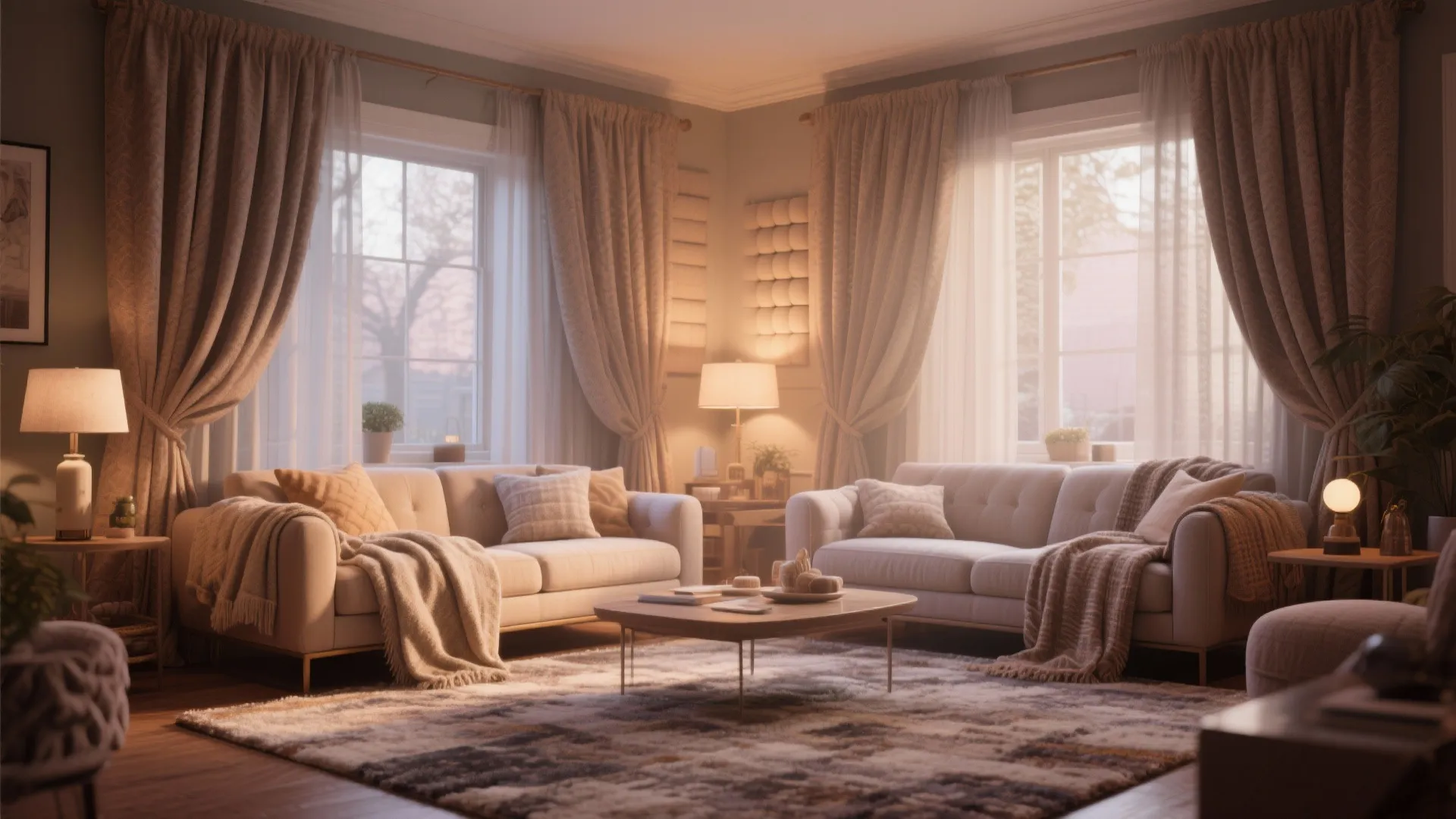 Warm living room with two beige sofas, large windows, long curtains, and a soft rug