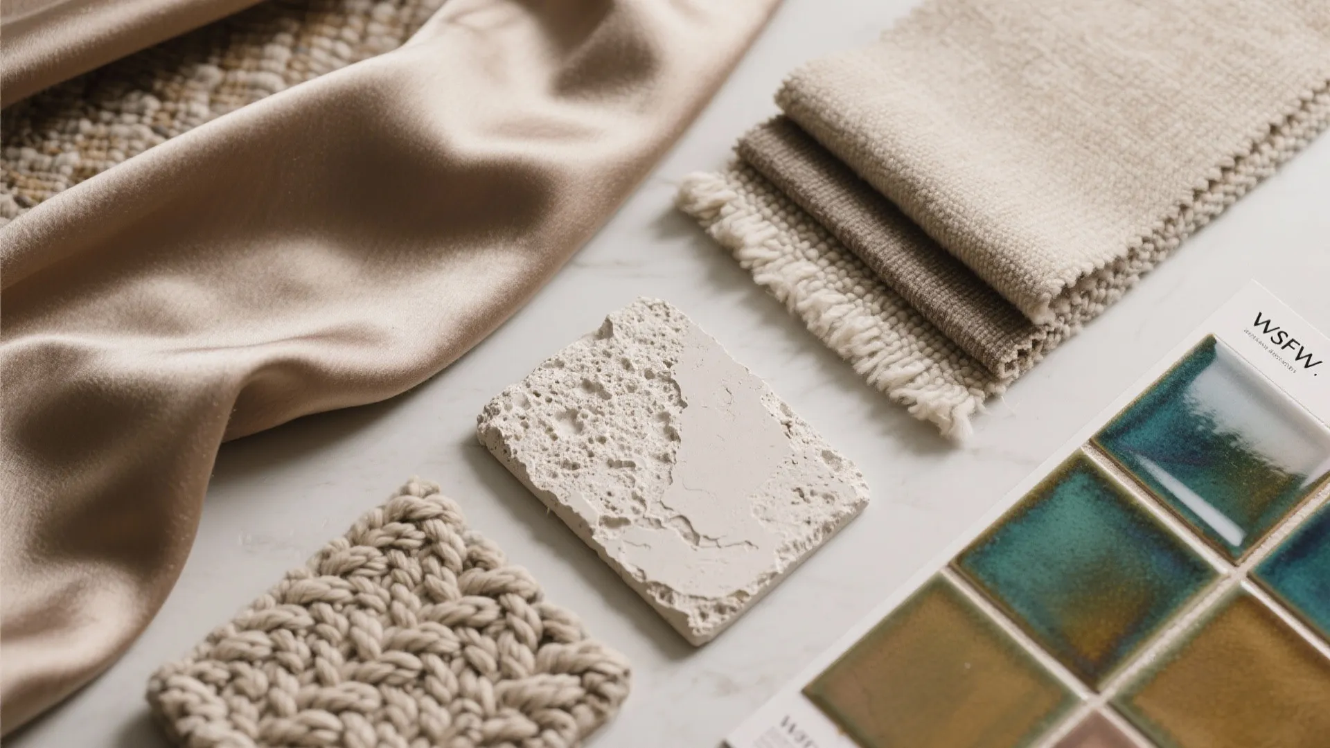 Flatlay of silk and wool swatches, rug fragment, plaster, ceramic tile, and UV film.
