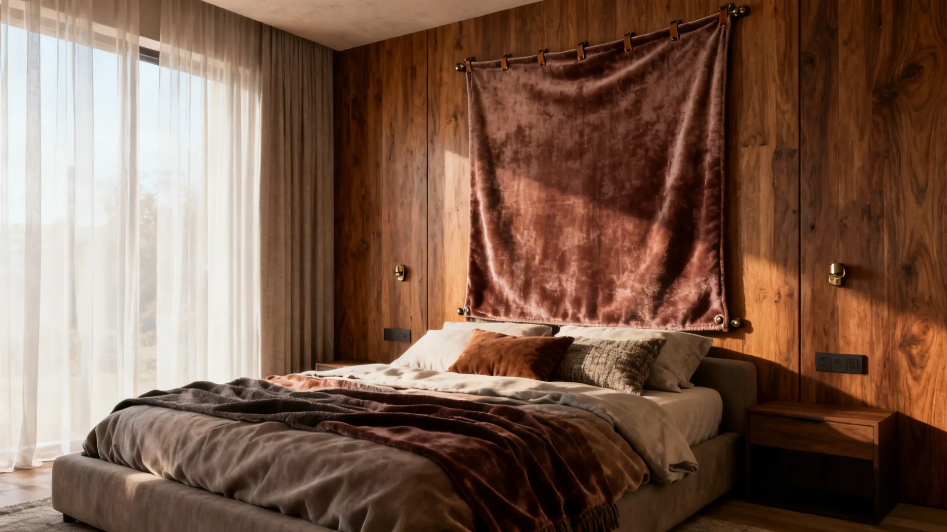 Bedroom with a large tapestry backdrop behind the bed, creating a cozy focal wall.
